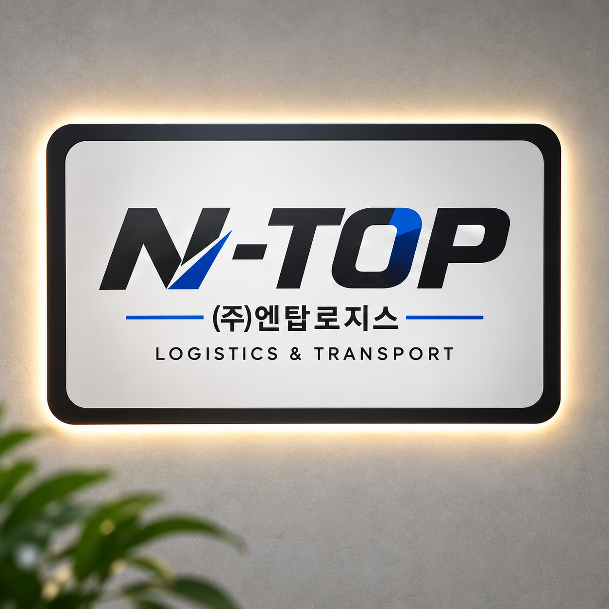 조명이 켜진 엔탑로지스 로고 사인월